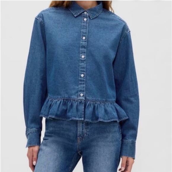 GAP Tops - Gap Long Sleeve Poplin Peplum Top Womens Small Blue Cropped Ruffle Cotton 2025